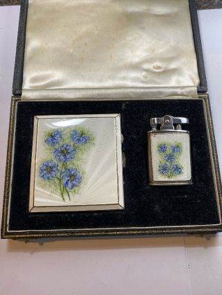Art Deco Silver Guilloche Enamelled Cigarette Card Case Box Lighter Boxed H/m