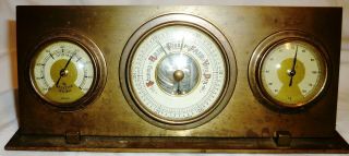 Vintage Solid Brass Bronze Weather Station Barometer Thermometer Humidor Germany
