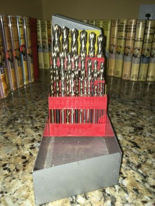 VINTAGE DRILDEX DRILL INDEX SET WITH 29 DRILL BITS IN METAL CASE COMPLETE U.  S.  A. 2