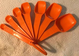 Vintage Set Of 7 Orange Tupperware Measuring Spoons & Ring Euc