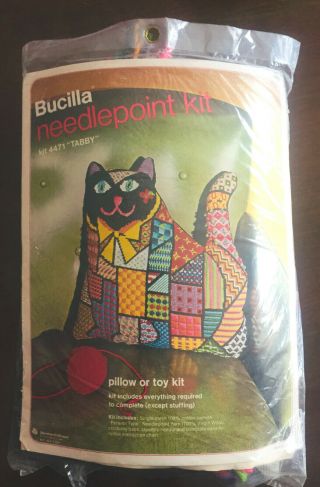 Nos Vintage Bucilla Needlepoint Kit Tabby Cat Patchwork Pillow 4471 Colorful