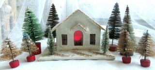 9pc Little Vintage Christmas House In Miniature Bottle Brush Tree Forest