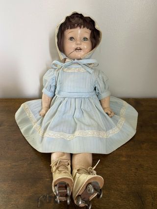 Antique Eih Co Comp Doll Cloth Body 19” With Roller Skates