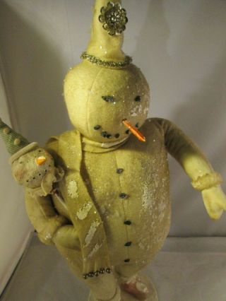 Primitive Folk Snowman Stuffed Old Fashioned Vtg Style W Paper Mache Rattle 25 "