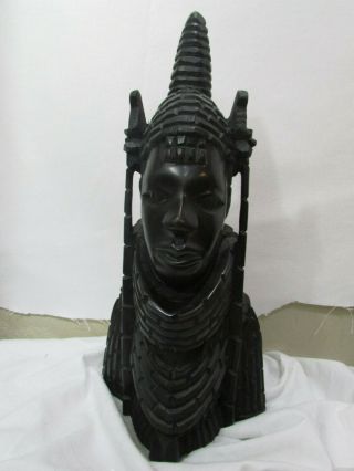 Vintage African Ethnic Tribal Ebony Wood Carved Head - Headdress Statue 14.  5 "