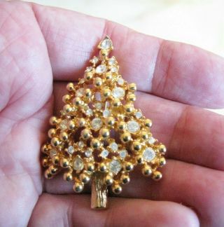 Vintage Gold Tone & Rhinestone Christmas Tree Pin Brooch