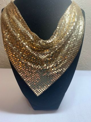 Vintage Whiting and Davis Gold Metal Mesh Handkerchief Bib Necklace Signed 2