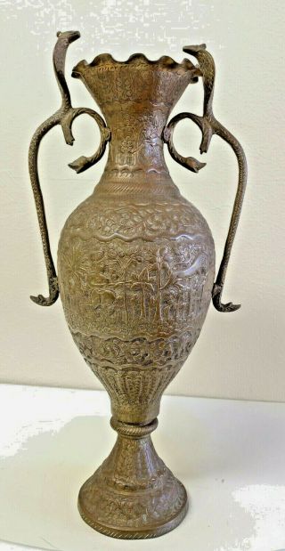 Antique Indo - Persian Bronze Engraved Vase W/ Cobra Handles Animal Hunting Scene