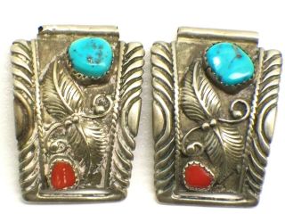 Vintage Sterling Silver Turquoise And Coral Signed Watch Tips