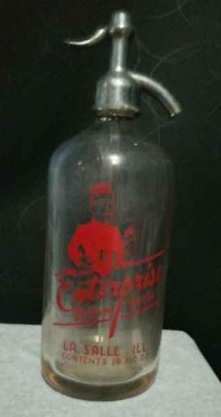 Vintage Antique Seltzer Bottle Enterprise Bottling La Salle.  Ill 28 Fld Oz