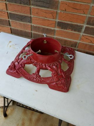 Vtg Large Heavy Red Cast Iron Ornate Christmas Tree Stand 14.  5 " X 14.  5 " Nos