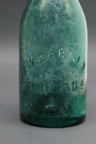 Antique 1800 ' s R.  KEARNEY PHILADA Iron Pontil Teal Soda Beer Pony Squat Bottle 3