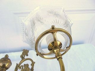 Vintage Antique Brass 2 Arm Pressed Glass Shade Gas Light Wall Sconce 2