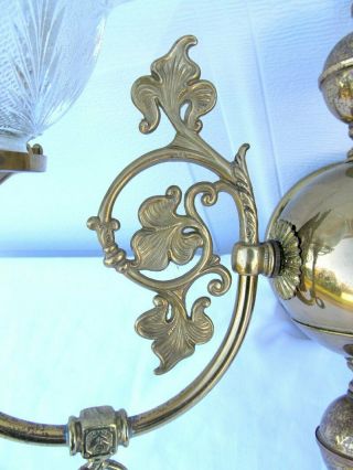 Vintage Antique Brass 2 Arm Pressed Glass Shade Gas Light Wall Sconce 3