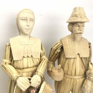 Vintage Folk Art Corn Husk And Wood Pilgrims Man Woman (Thanksgiving) 2