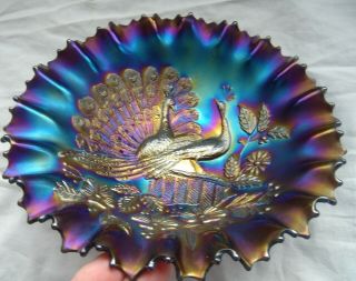 Antique Carnival Glass Ruffled Bowl Two Peacocks On A Fence - Multi Iridescence