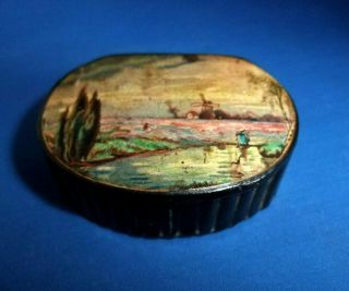 Antique Early 19thc Papier Mache Snuff Box With A Windmill And Lady With A Fish