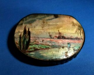 ANTIQUE EARLY 19THC PAPIER MACHE SNUFF BOX WITH A WINDMILL AND LADY WITH A FISH 2