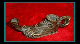 Antique Roman / Greek Bronze Oil Lamp With Soldiers Foot In Sandal & Fluted Font