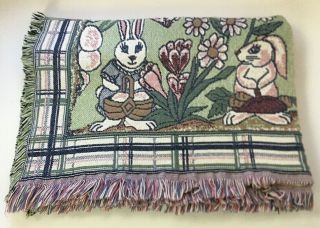 Vtg Goodwin Weavers Easter Throw Blanket Tapestry Bunny Rabbits Garden Fringe