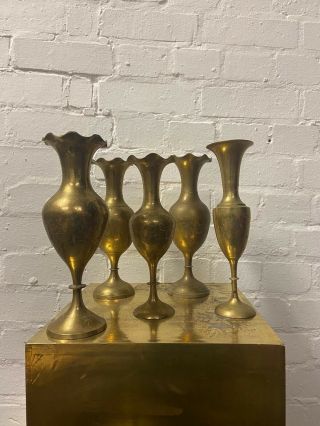 5 X Antique Vintage Etched Brass Bud Vases Flower Arranging