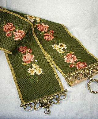Vintage Completed Needlepoint Roses & Apple Blossoms (?) Butler Bell Pull - 57 "
