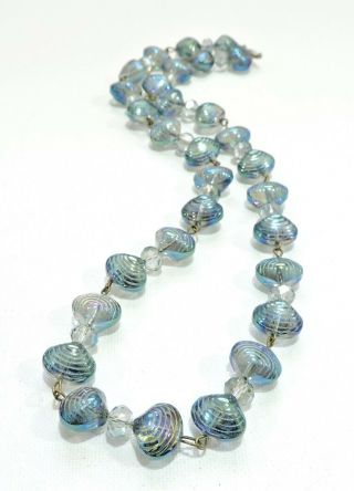 Vintage Blue Iridescent Shells Lampwork Art Glass Bead Necklace Se19416