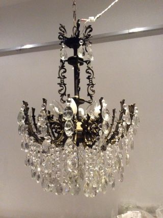 Unique Antique French 7 - Tier Bronze & Pear Drop Crystals ‘waterfall’ Chandelier.