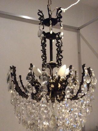 UNIQUE Antique French 7 - tier Bronze & Pear Drop Crystals ‘waterfall’ Chandelier. 3