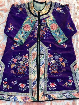 Antique Chinese Purple Silk Robe Forbidden Stitch Embroidery Whirling Log Floral