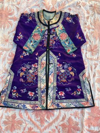 Antique Chinese Purple Silk Robe Forbidden Stitch Embroidery Whirling Log Floral 2