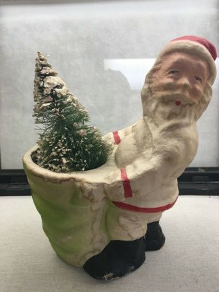 Vintage Antique Christmas Paper Mache Santa With Bottle Brush Tree