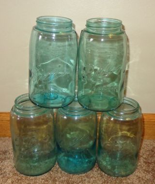 5 Vintage 1910 Ball Mason Antique Blue Wavy Glass Quart Canning Jars 3l Loops