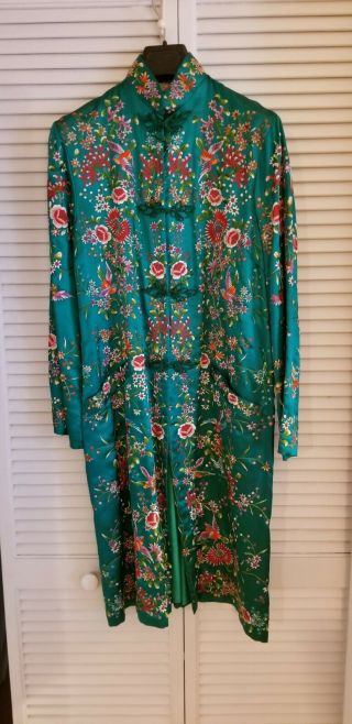 Vintage Plum Blossoms Green Silk Chinese Embroidered Jacket Robe Size 38
