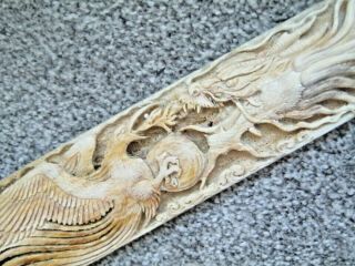 Large 3 Foot Carved Bone Swordfish Rostrum Depicting A Dragon Fighting Pheonix