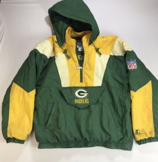 Vtg Starter Pro Line Green Bay Packers Nfl Football Pullover Jacket Medium Rough