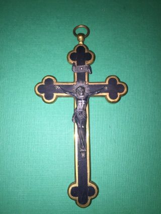 Antique Inlaid Ebony Wood/brass Nun Monk Pectoral Crucifix Vintage Religious