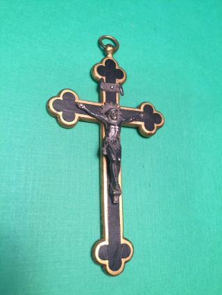 Antique Inlaid Ebony Wood/Brass Nun Monk Pectoral Crucifix Vintage Religious 3