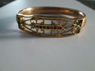 Vintage Gold Filled & Rhinestone Hinged Bangle Bracelet 7 1/2 Inch