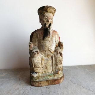Antique Chinese Polychromed Carved Gilt Wood Emperor Figure 19th C Maybe Older
