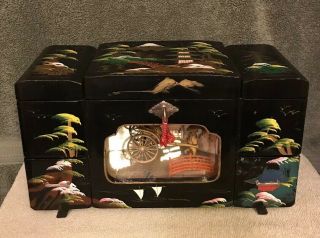 Japanese Vintage Black Lacquer Jewelry Box Music Box W/lights,  Rickshaw Diorama