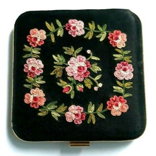 Vintage Art Deco French Powder Compact With Embroidered Pink Roses.  See