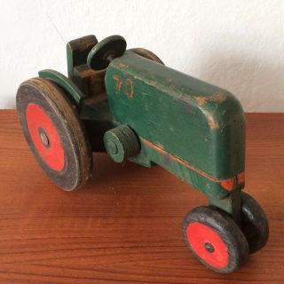 Antique Vtg Primitive Wood Toy Hand Painted Green Farm Tractor