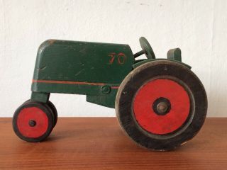Antique Vtg Primitive Wood Toy Hand Painted Green Farm Tractor 2