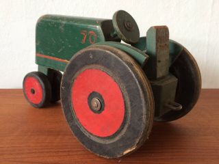 Antique Vtg Primitive Wood Toy Hand Painted Green Farm Tractor 3
