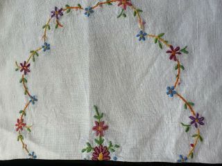 2 X Vintage Hand Embroidered Linen Tray Cloth Panel - Floral Pattern