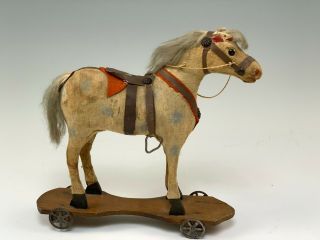 Antique German Wooden Horse Pull Toy On Wheeled Base,  Leather Tack C1900
