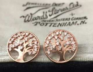 Vintage Jewellery Pretty Rose Gold Sterling Silver Tree Of Life Stud Earrings