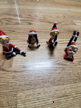Set Of 4 Ceramic Elves Pixies - Japan Vtg.  1950’s Christmas / Tumbling Ceramic Elf