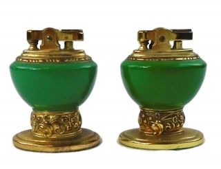 Green Vintage Ronson Leona Table Lighters Gold Tone Pair Enameled Cigarette